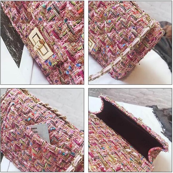 Crossbody Shoulder Bag Women Tweed PU Leather Small Purse Evening Satchel - Picture 4 of 6